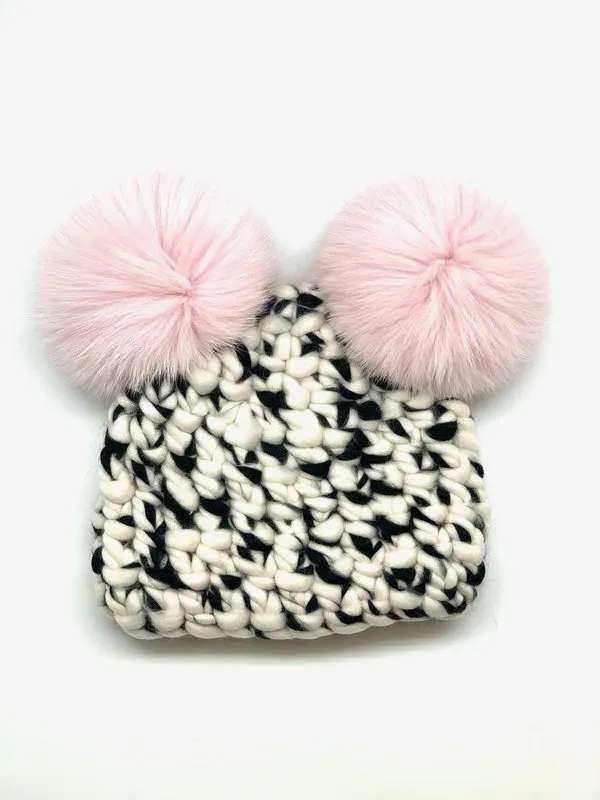 Kids Mischa Lampert XL Mickey Beanie in White/Black/Baby Pink