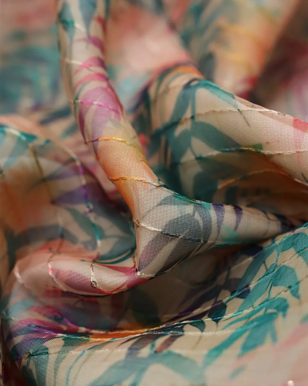 Multicolor Leafs Polyester Organza Fabric