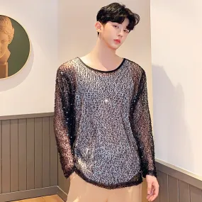 Punk Men's Gothic Sequin Shining Transparent T-Shirt