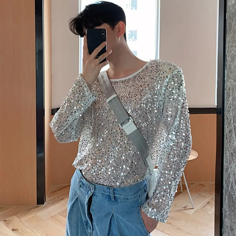 Punk Men's Gothic Sequin Shining Transparent T-Shirt