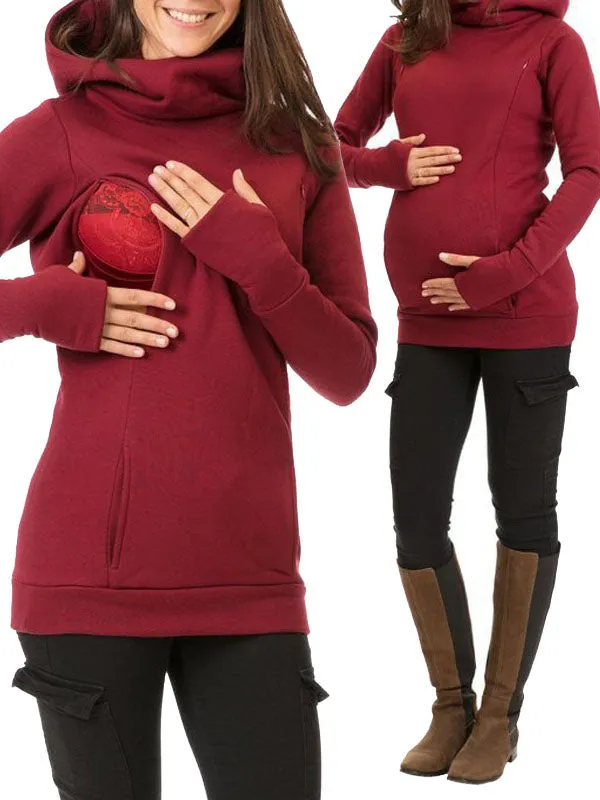 Hooded Solid Color Maternity Nursing Sweatshirt