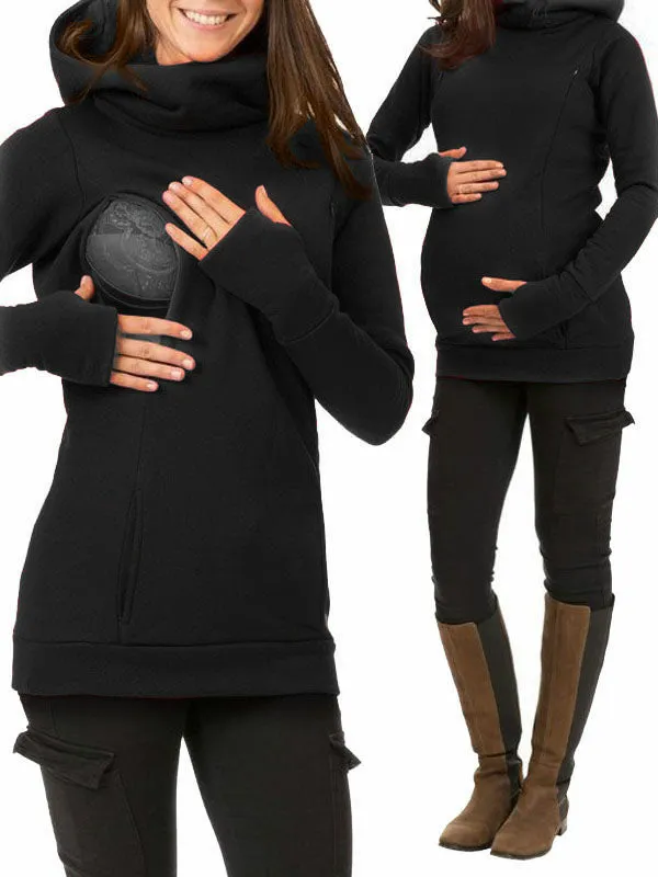 Hooded Solid Color Maternity Nursing Sweatshirt