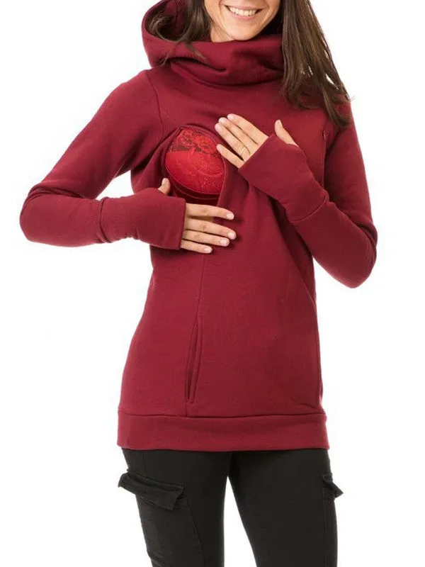 Hooded Solid Color Maternity Nursing Sweatshirt