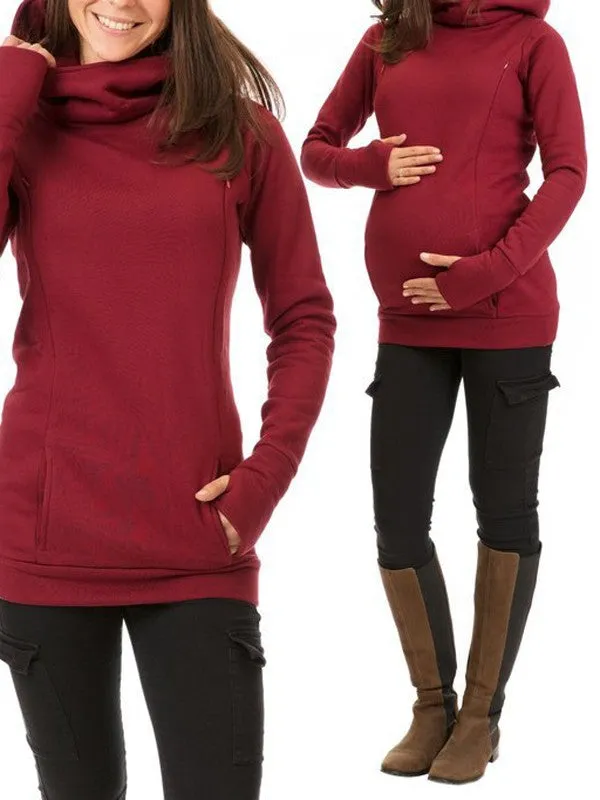 Hooded Solid Color Maternity Nursing Sweatshirt