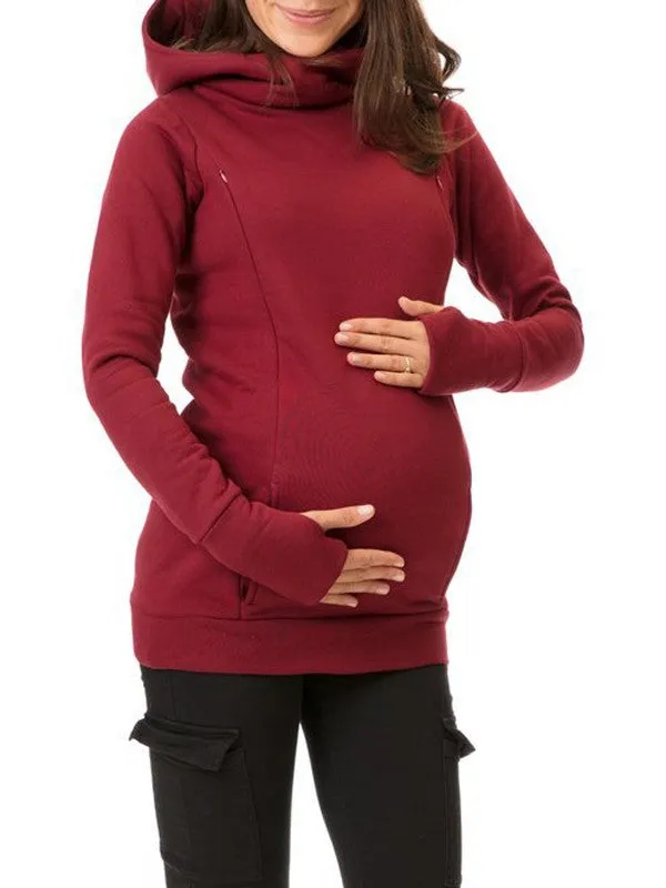 Hooded Solid Color Maternity Nursing Sweatshirt