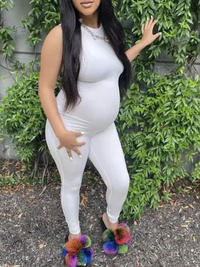 Off Shoulder Maternity Jumpsuit with High Waist in White