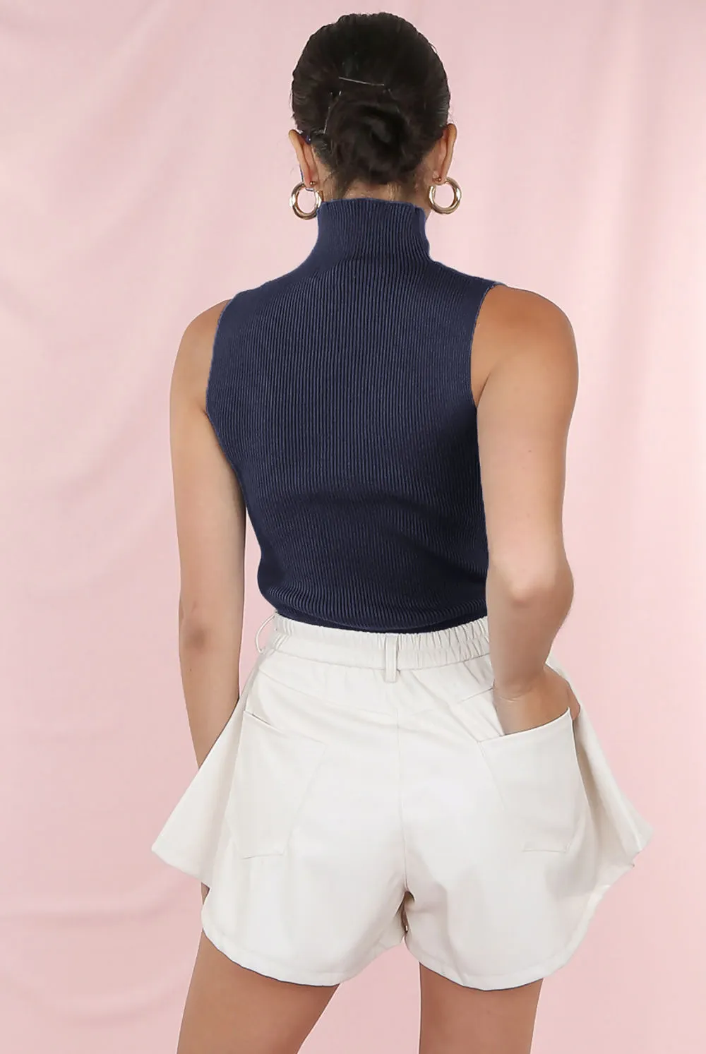 Navy Ribbed Crop Tops with High Neck