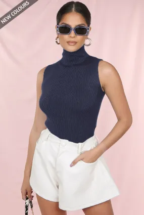 Navy Ribbed Crop Tops with High Neck