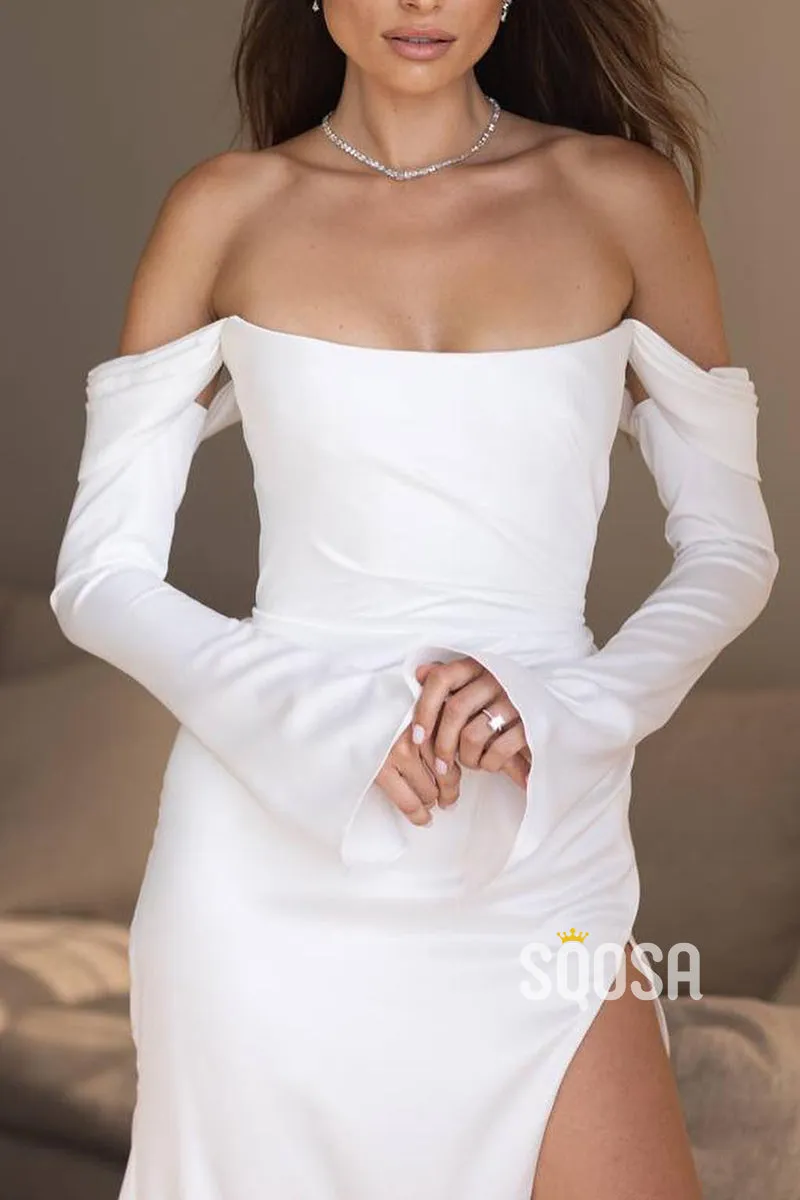 Elegant Off-Shoulder Wedding Dress with Long Sleeves and Side Slit (Style: QW8128)