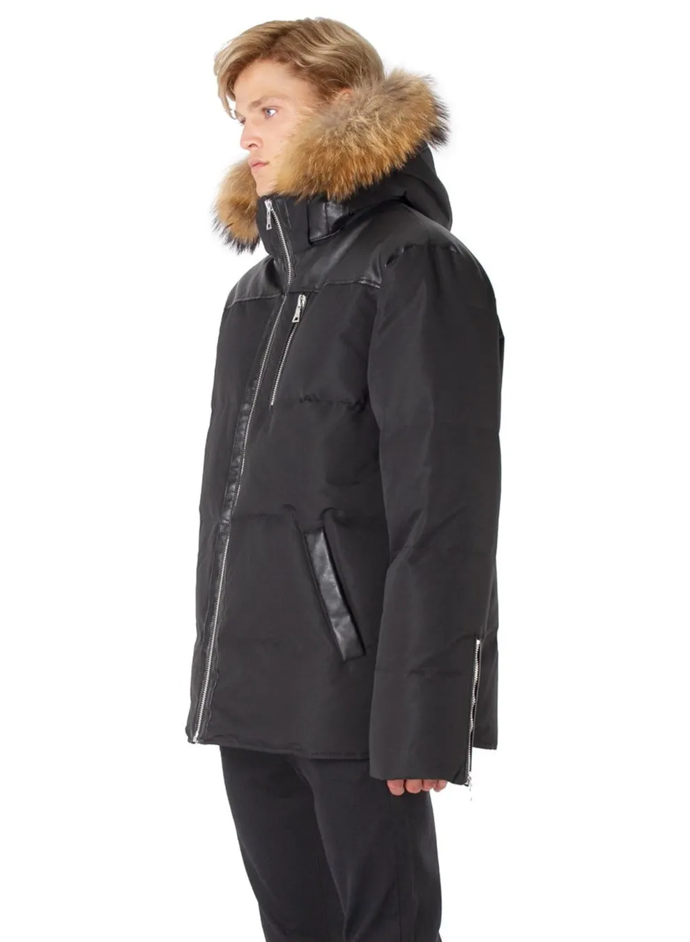 OXFORD PREMIUM DOWN-FILLED HOODED OXFORD TASLAN JACKET WITH NATURAL RACCOON FUR | OXFORD PREMIUM BLACK LABEL AVEC FOURRURE D