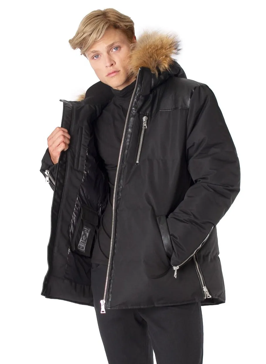 OXFORD PREMIUM DOWN-FILLED HOODED OXFORD TASLAN JACKET WITH NATURAL RACCOON FUR | OXFORD PREMIUM BLACK LABEL AVEC FOURRURE D