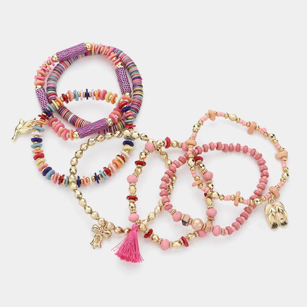 iLLASPARKZ 7-Piece Beaded Bracelet Set with Peace Tassel, Bow, and Flip Flops Charms