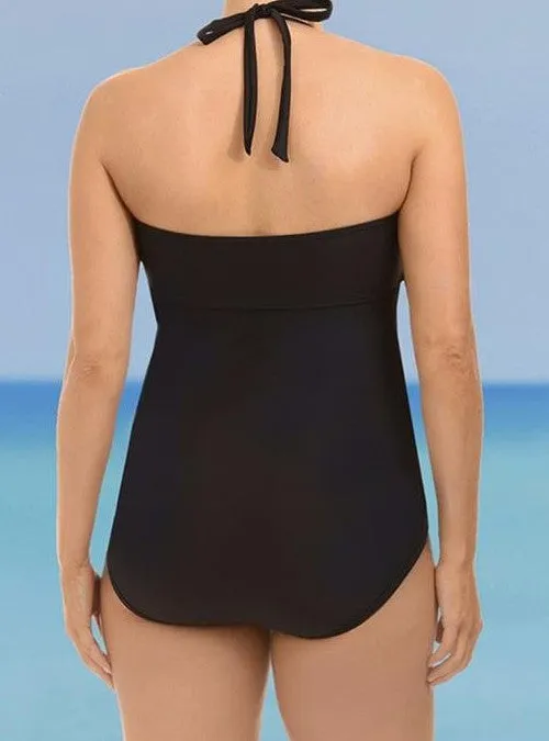 Strappy High Cut Plus Size Halter Swimsuit in Black