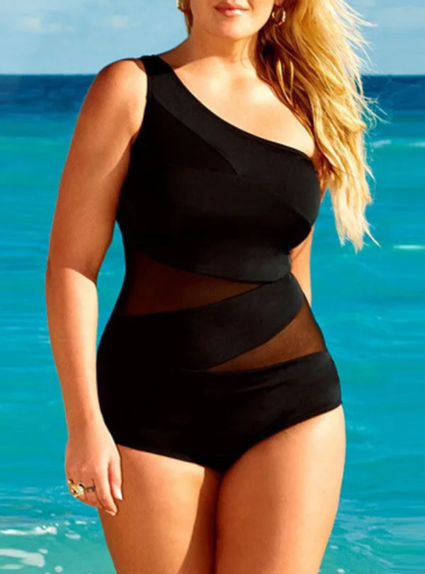 Plus Size Single Shoulder Swimsuit with Mesh Detail