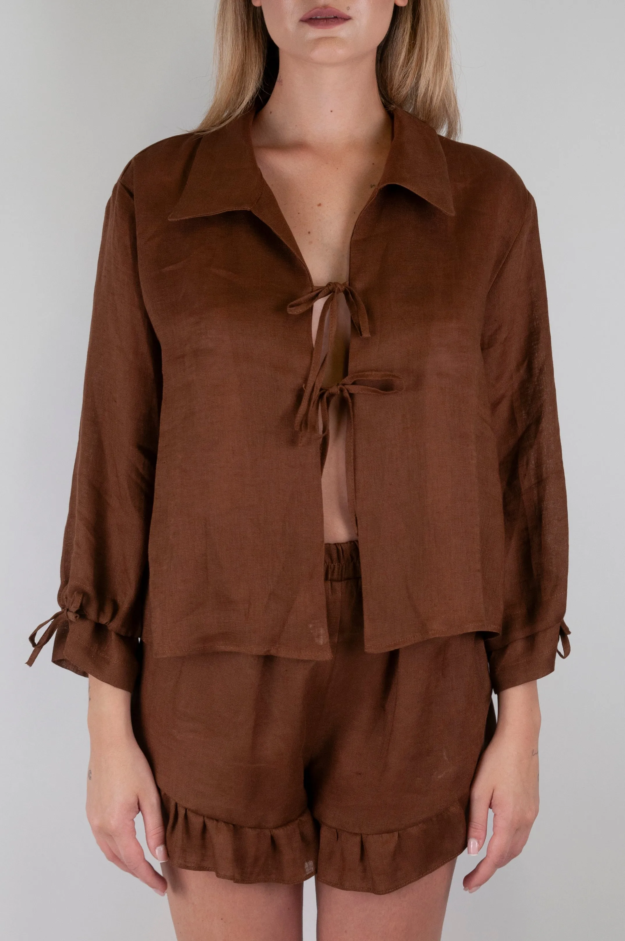 Linen Crop Shirt with Bow Closure,