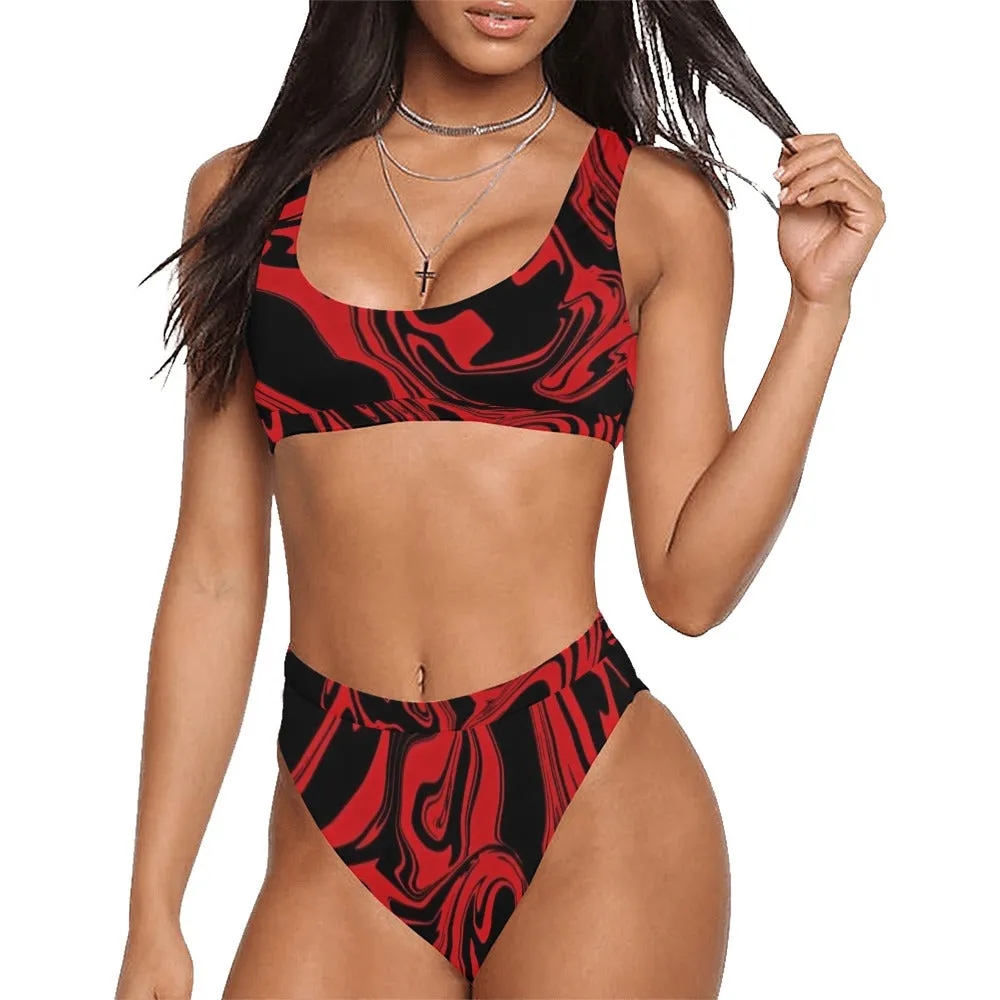 Eye-Catching Red and Black Oil Spill Sport Top & High-Waisted Bikini Set