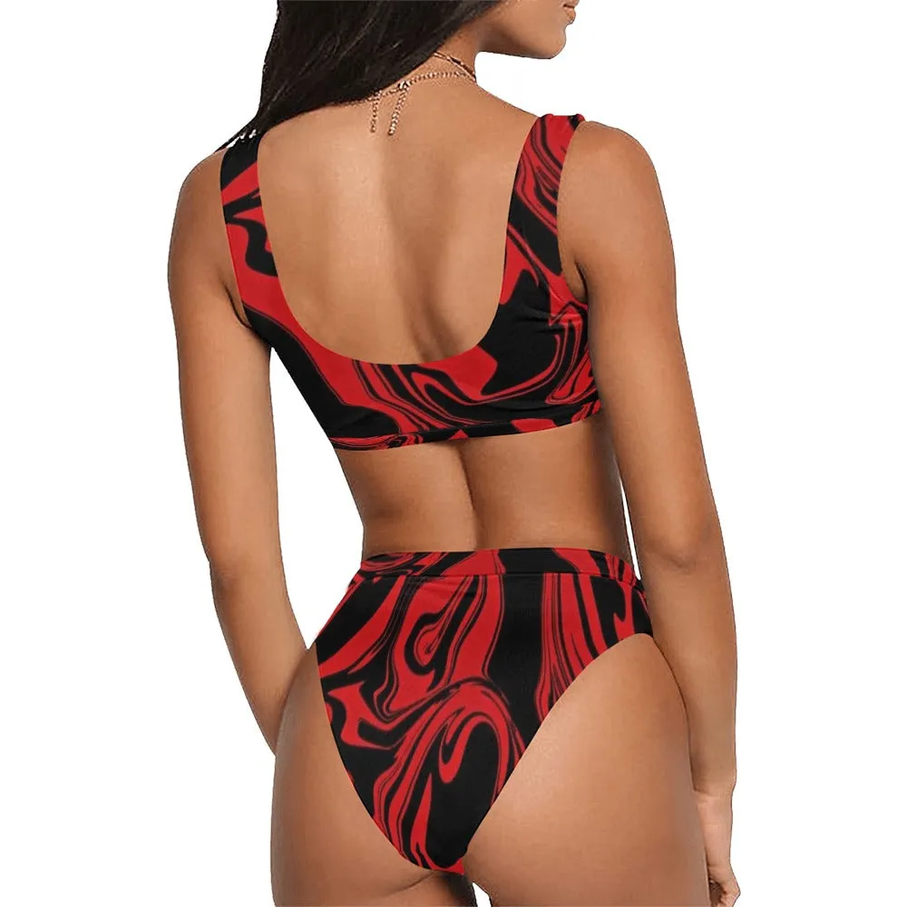 Eye-Catching Red and Black Oil Spill Sport Top & High-Waisted Bikini Set