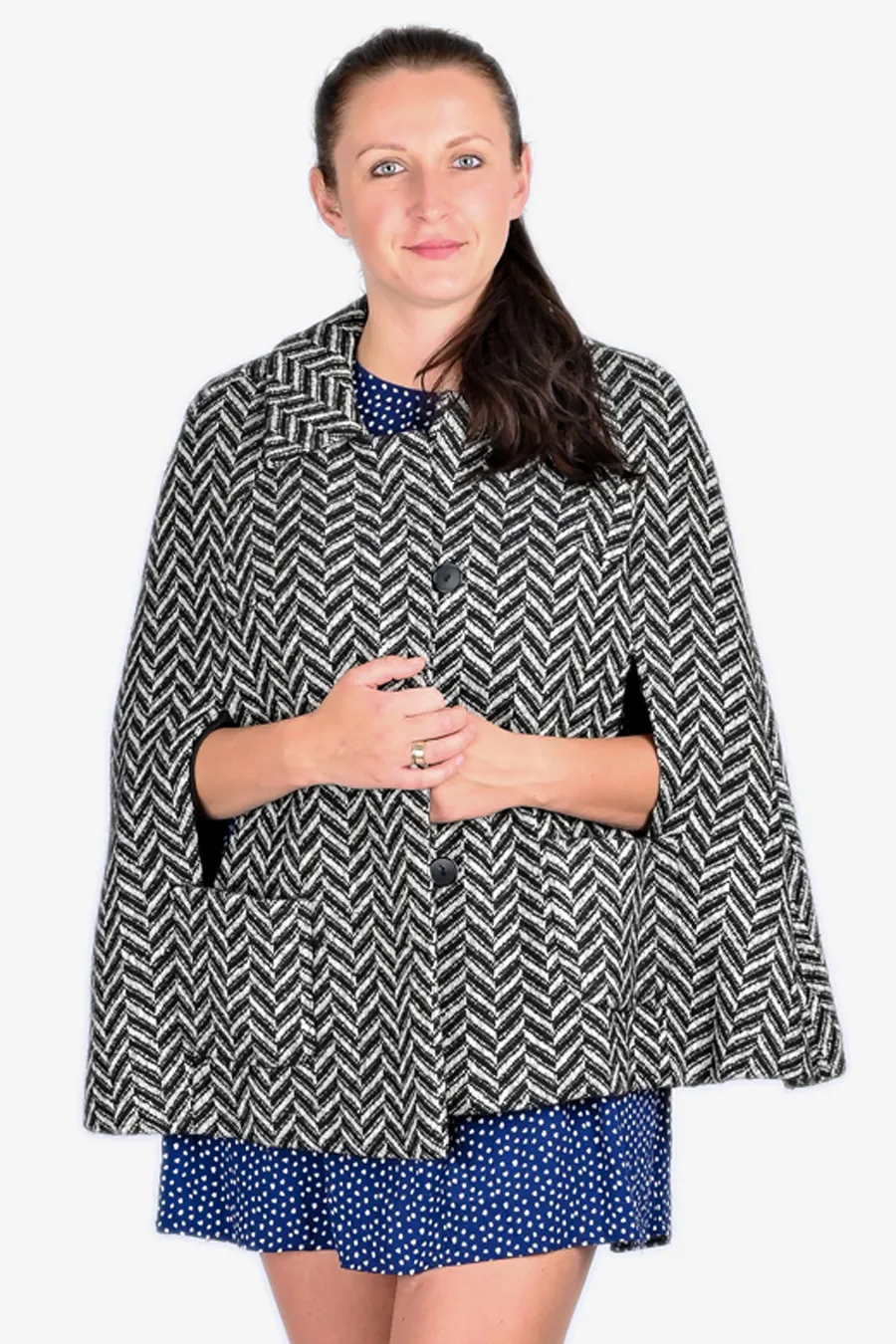 Retro 1960s Black White Wool Cape Brick