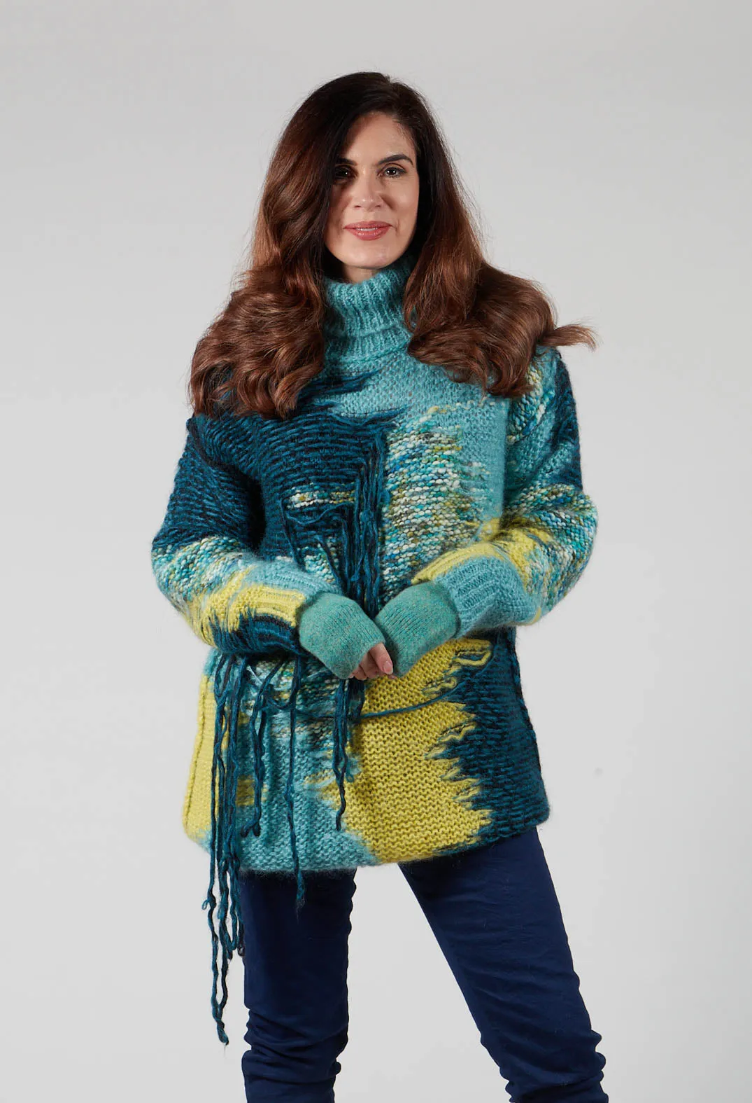 Turquoise Fringe Roll Neck Jumper