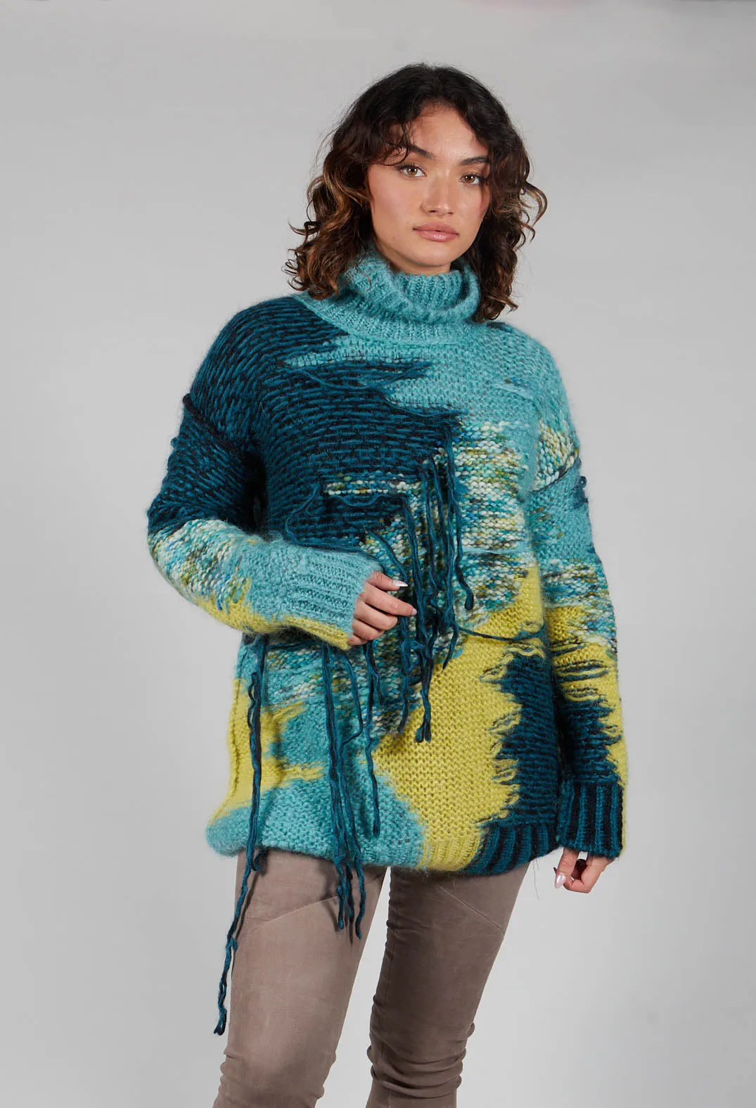 Turquoise Fringe Roll Neck Jumper