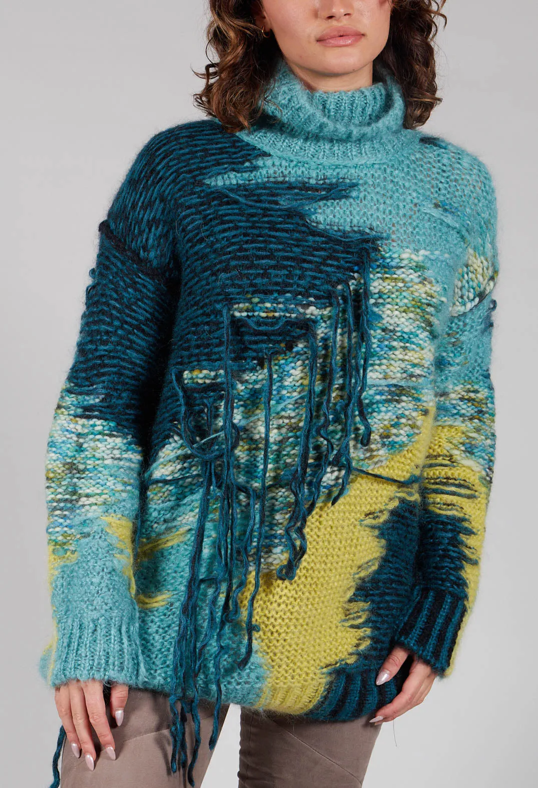 Turquoise Fringe Roll Neck Jumper