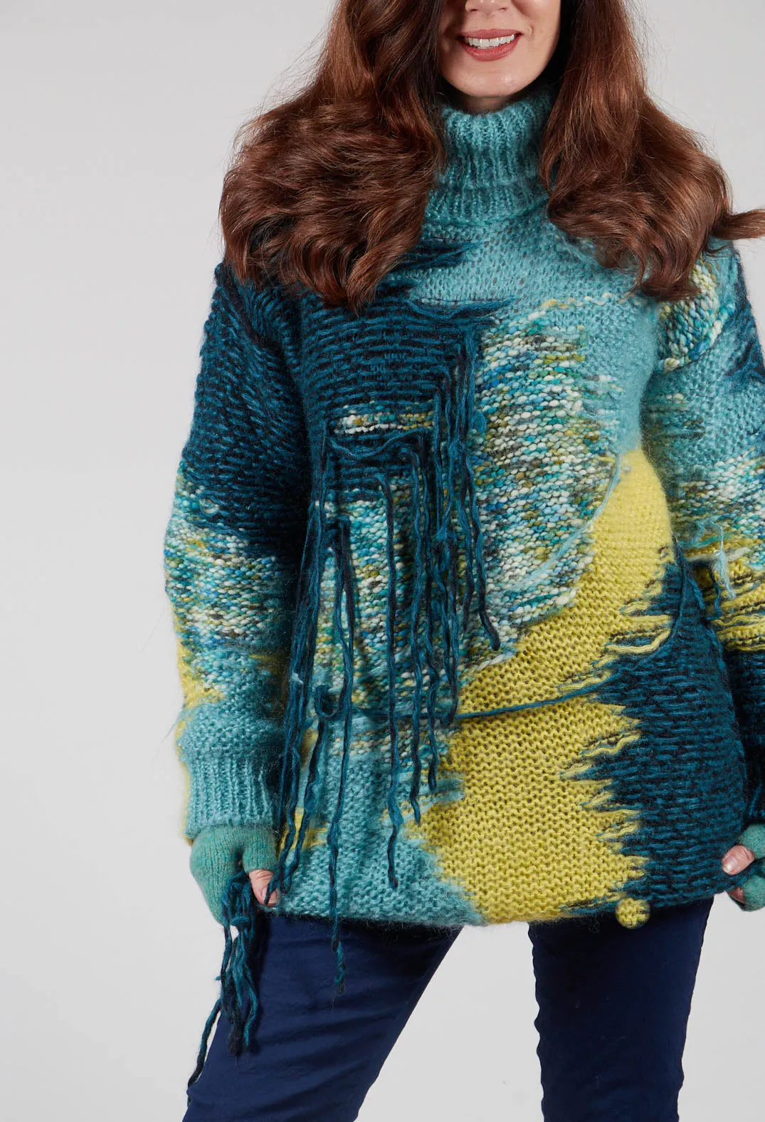 Turquoise Fringe Roll Neck Jumper