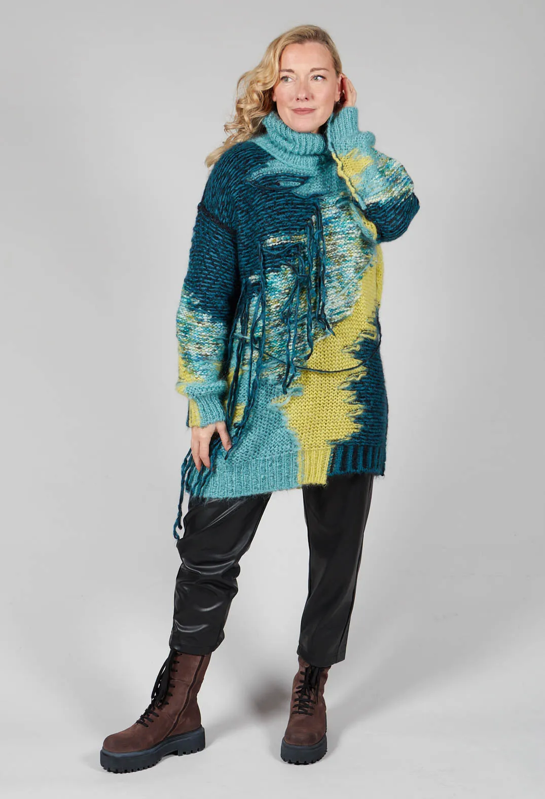 Turquoise Fringe Roll Neck Jumper