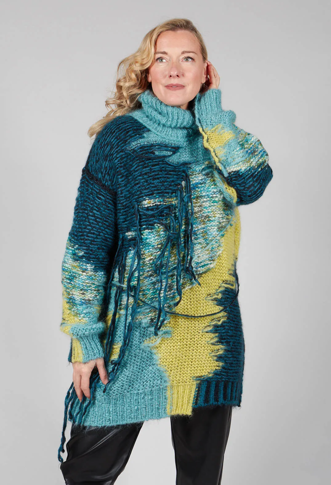 Turquoise Fringe Roll Neck Jumper