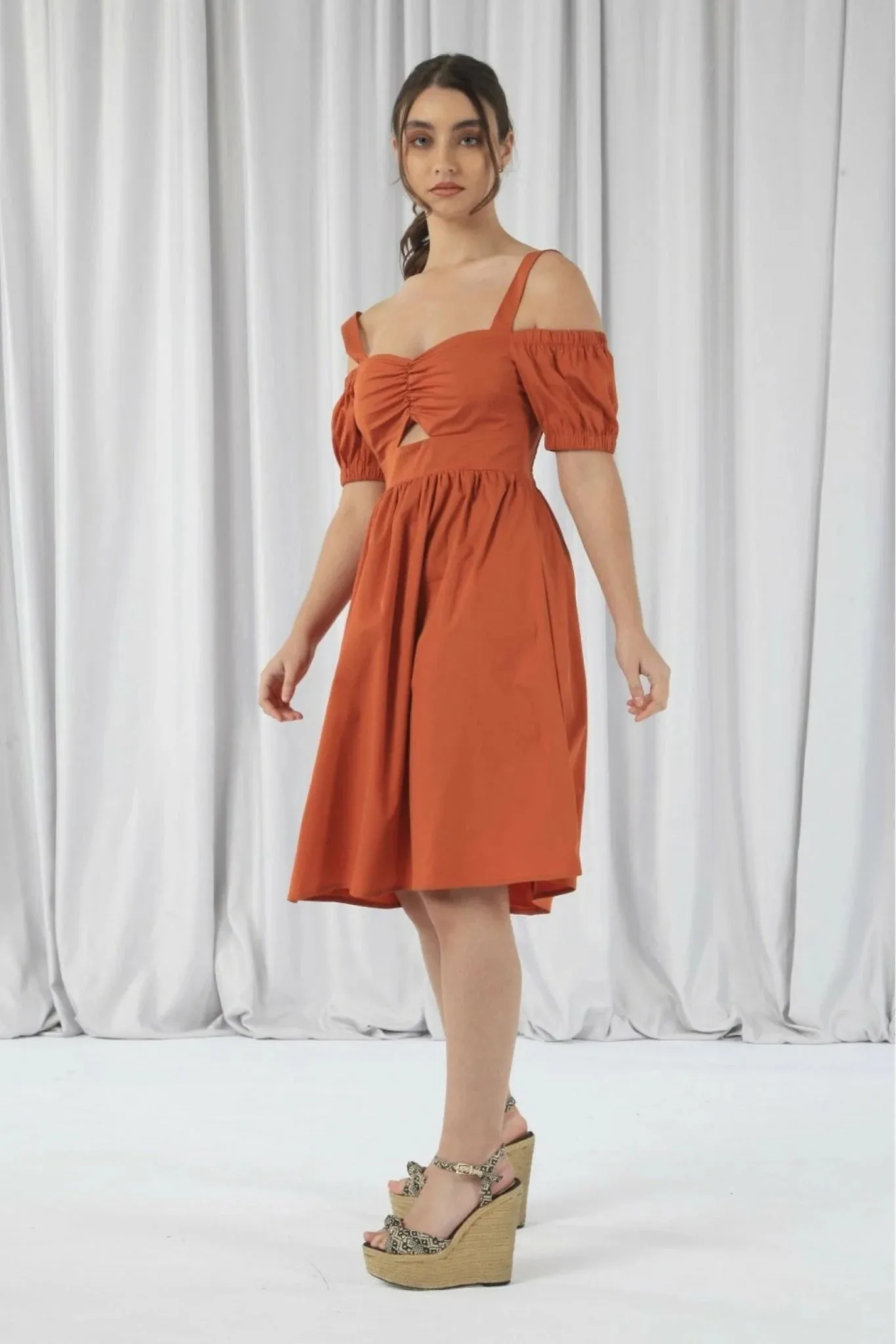 Orange Bardot Ruched Dress