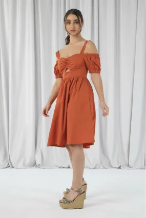 Orange Bardot Ruched Dress