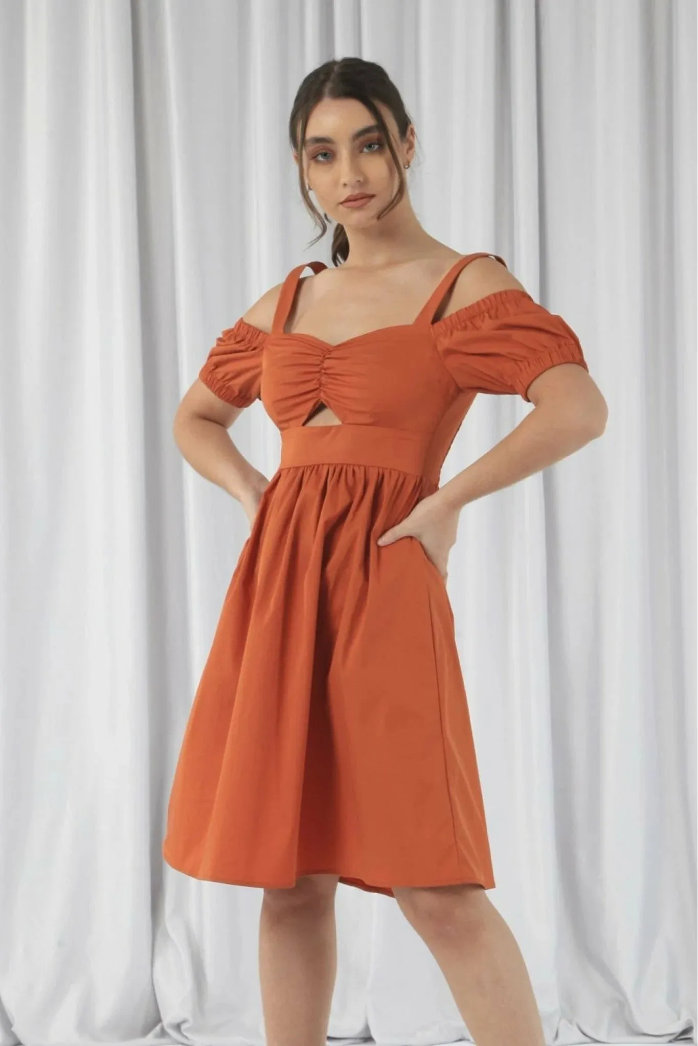 Orange Bardot Ruched Dress