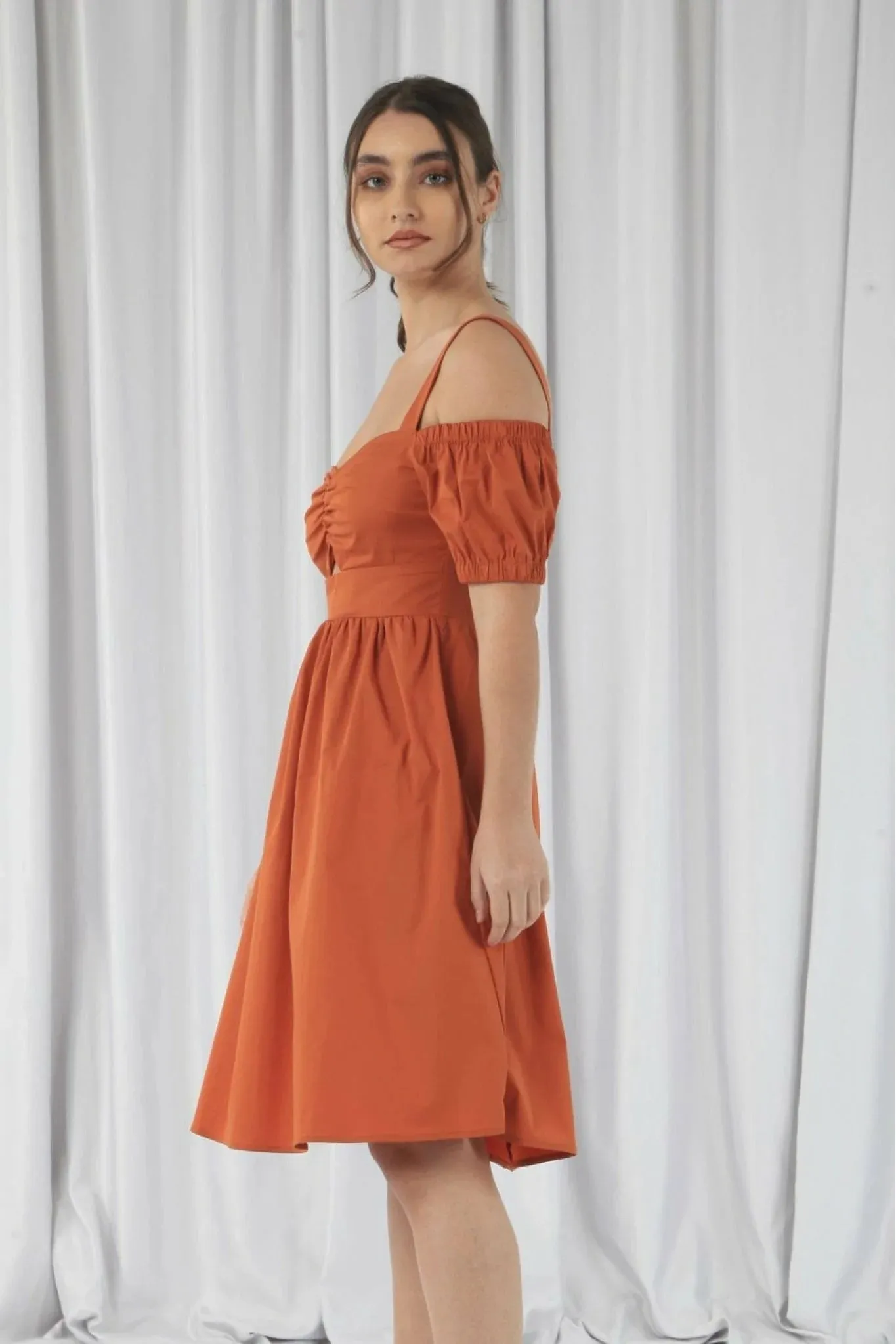 Orange Bardot Ruched Dress