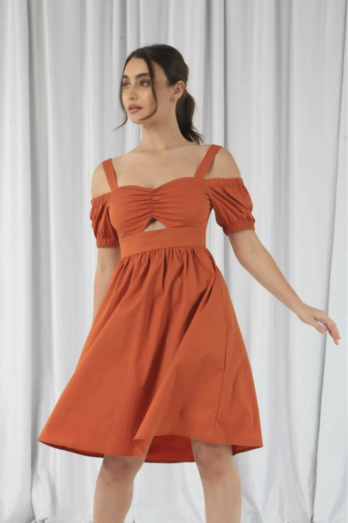 Orange Bardot Ruched Dress