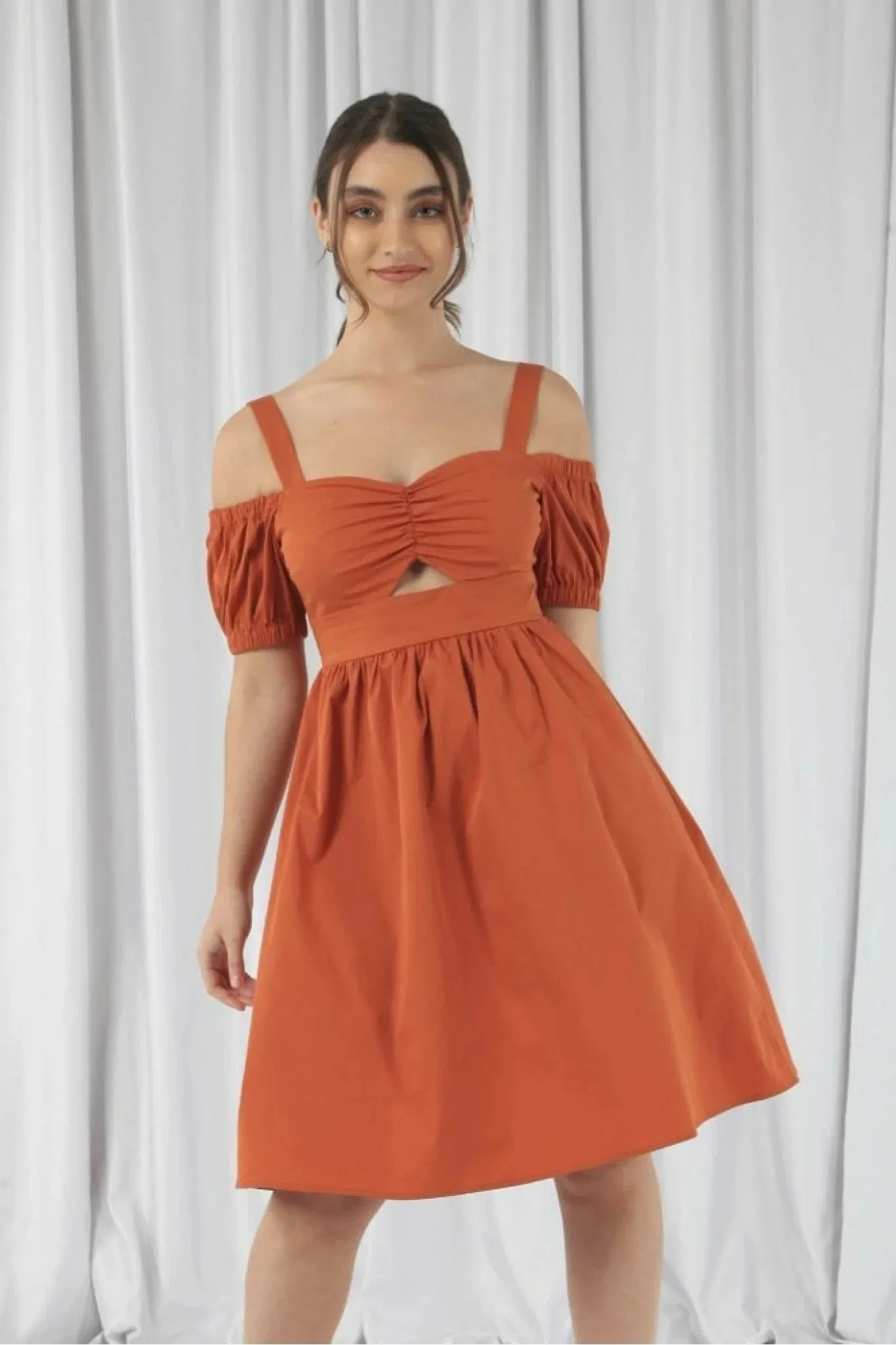 Orange Bardot Ruched Dress