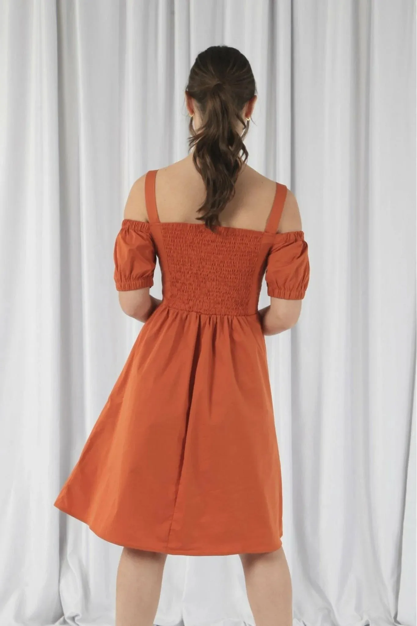 Orange Bardot Ruched Dress