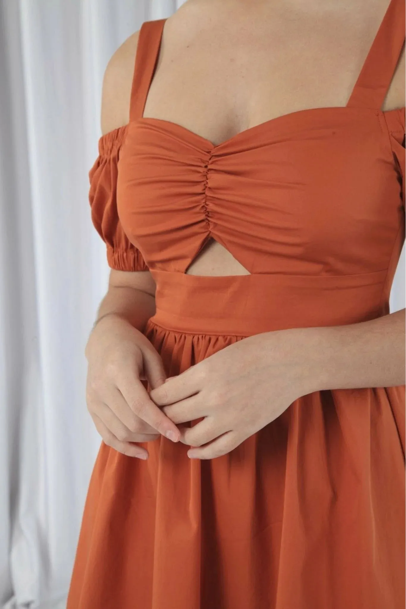 Orange Bardot Ruched Dress