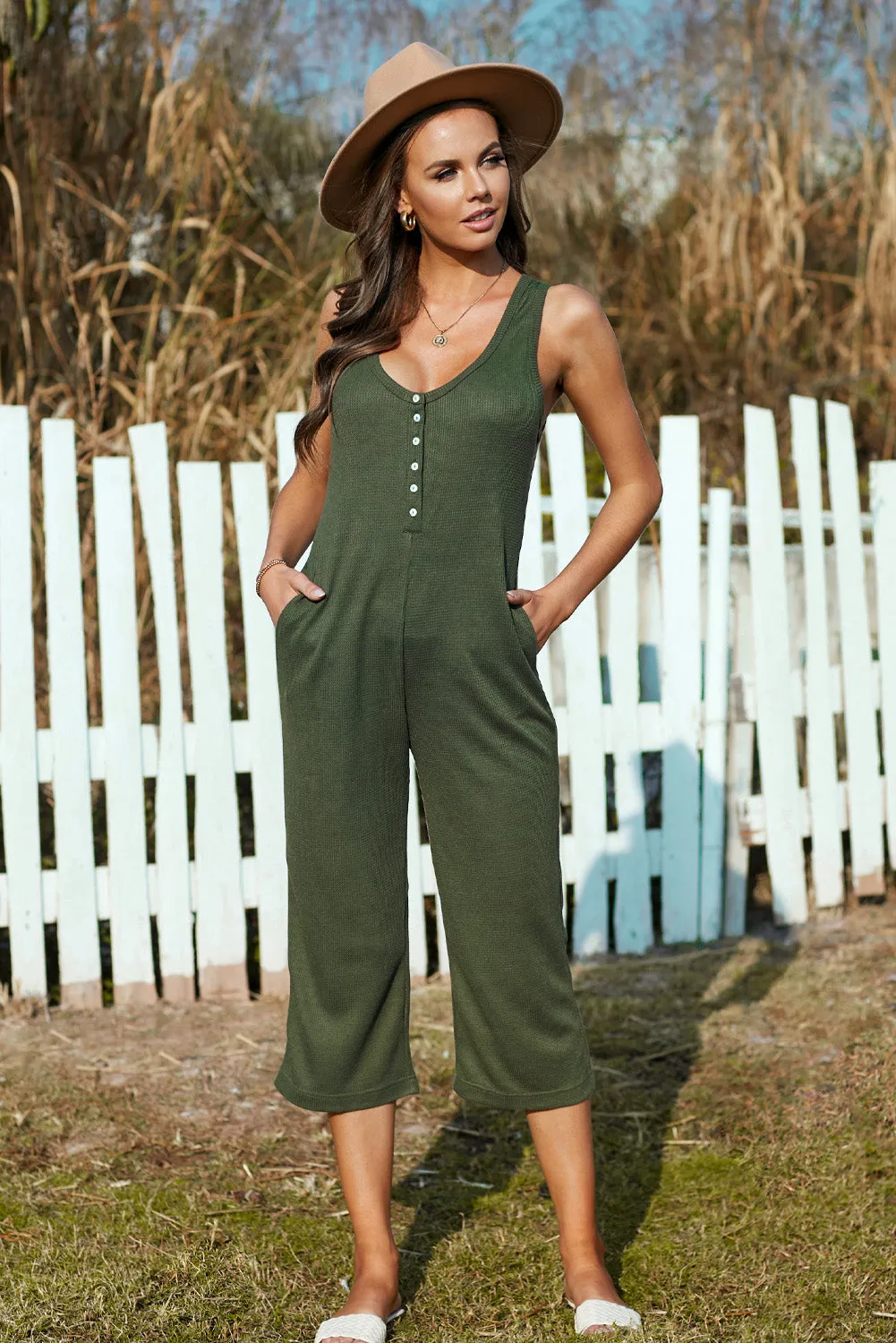 Sleeveless Jumpsuit with Scoop Neck and Pockets