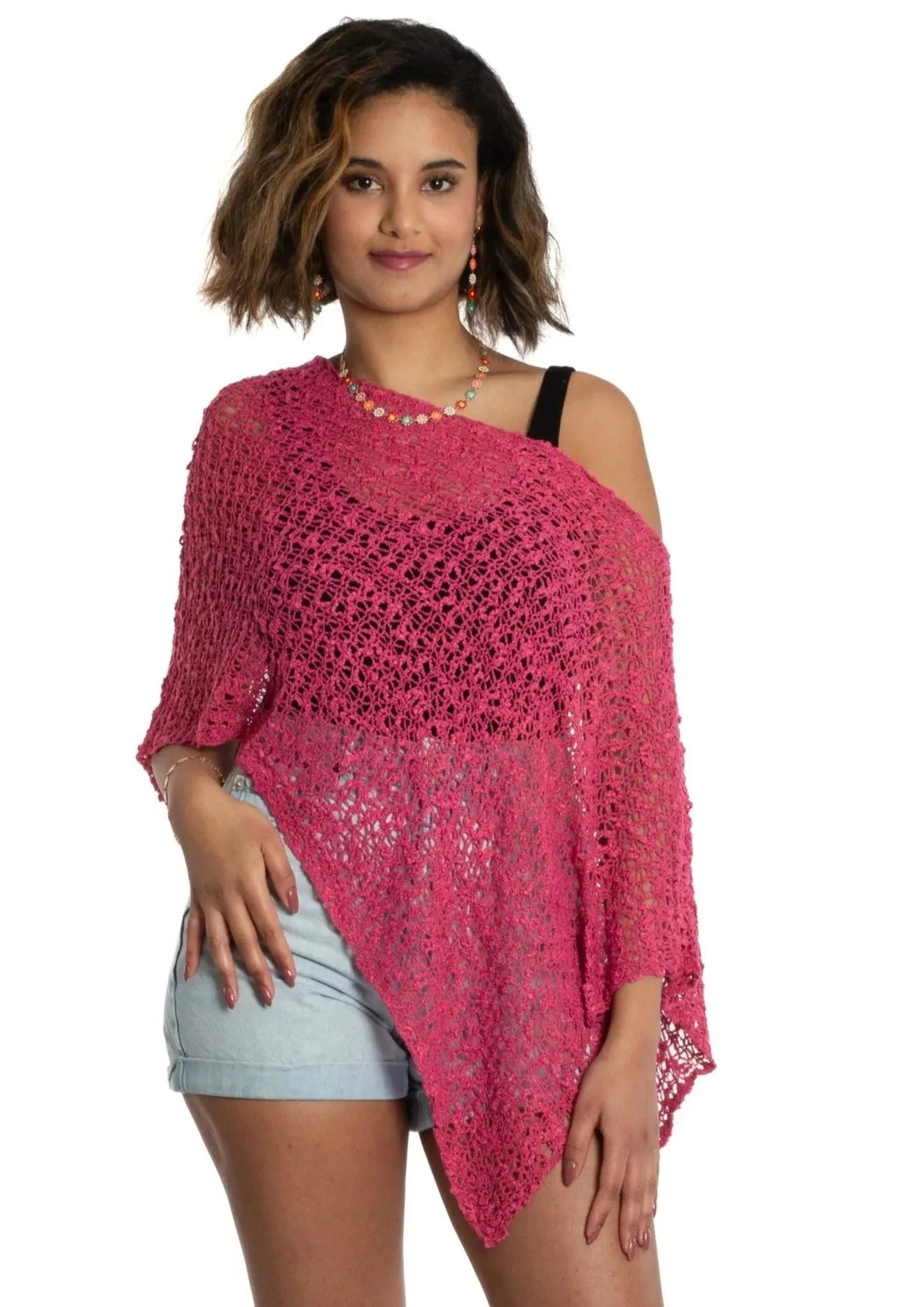 Short Knit Popcorn Poncho