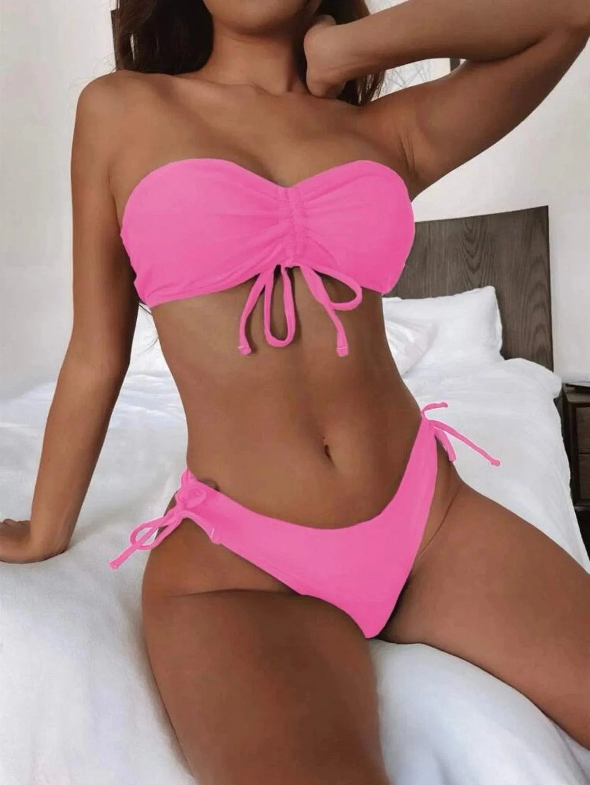 Ruched Drawstring Bandeau Bikini Swimsuit