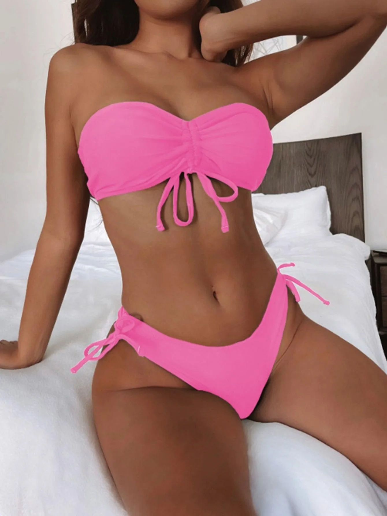 Ruched Drawstring Bandeau Bikini Swimsuit