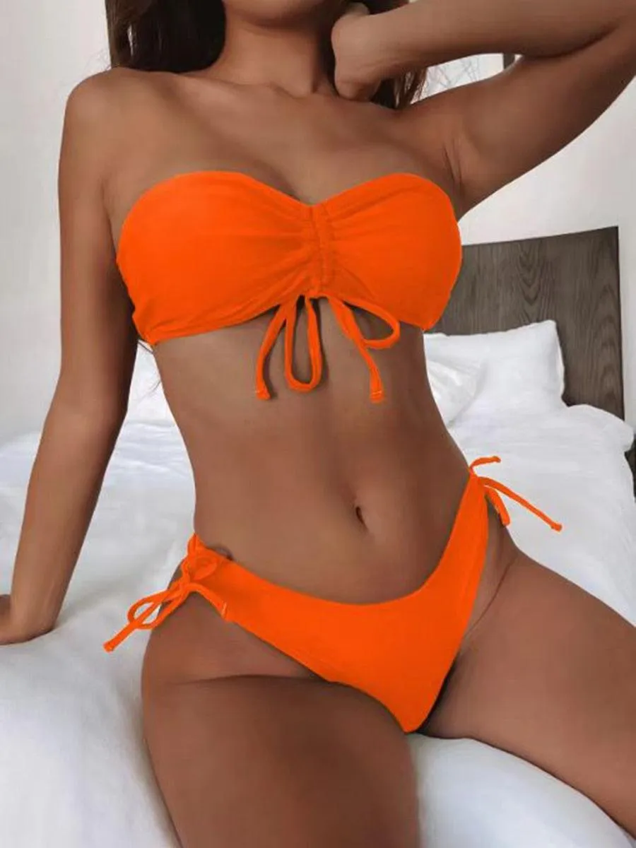 Ruched Drawstring Bandeau Bikini Swimsuit