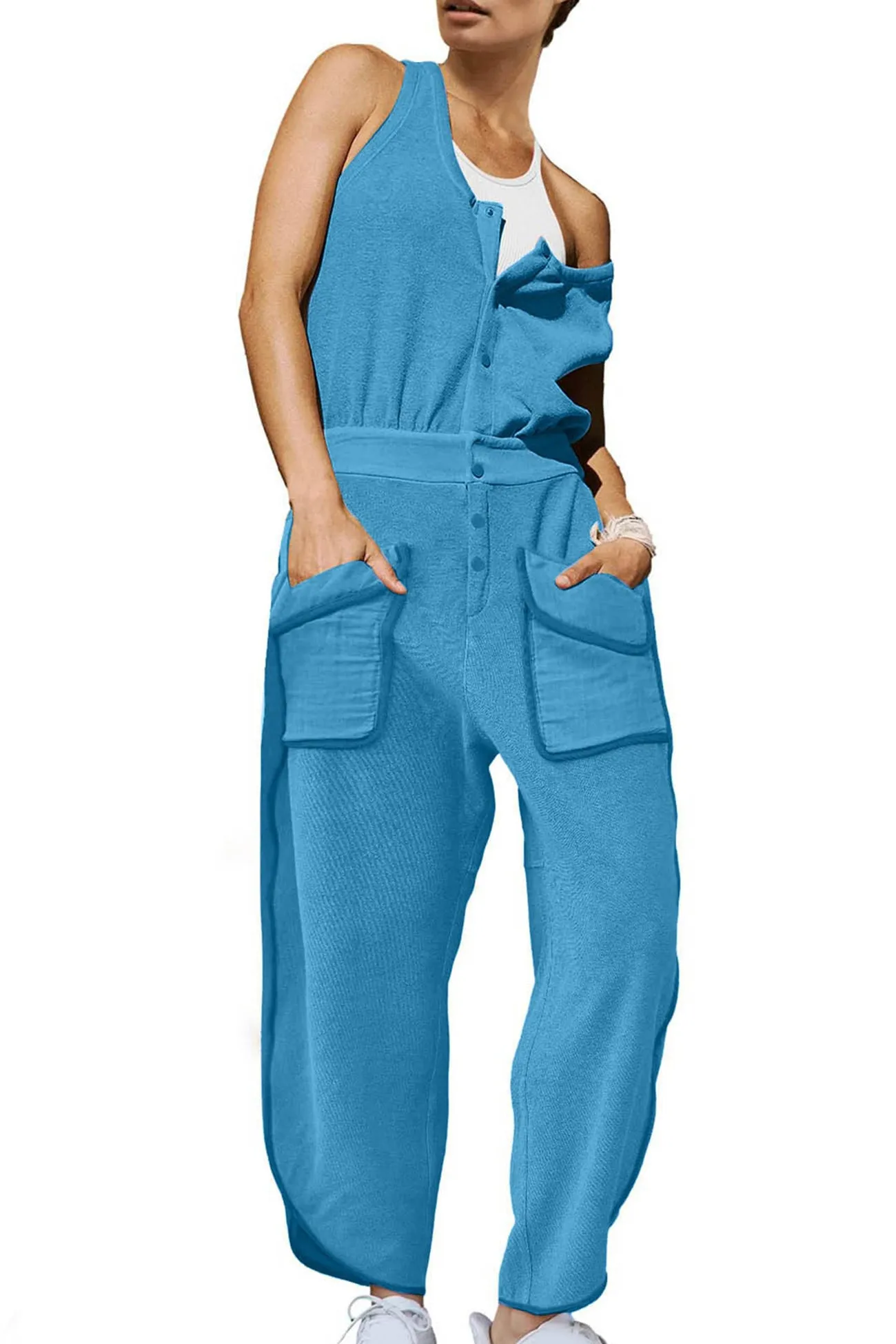 Single-Breasted Jumpsuits with Elastic Waist and Pockets