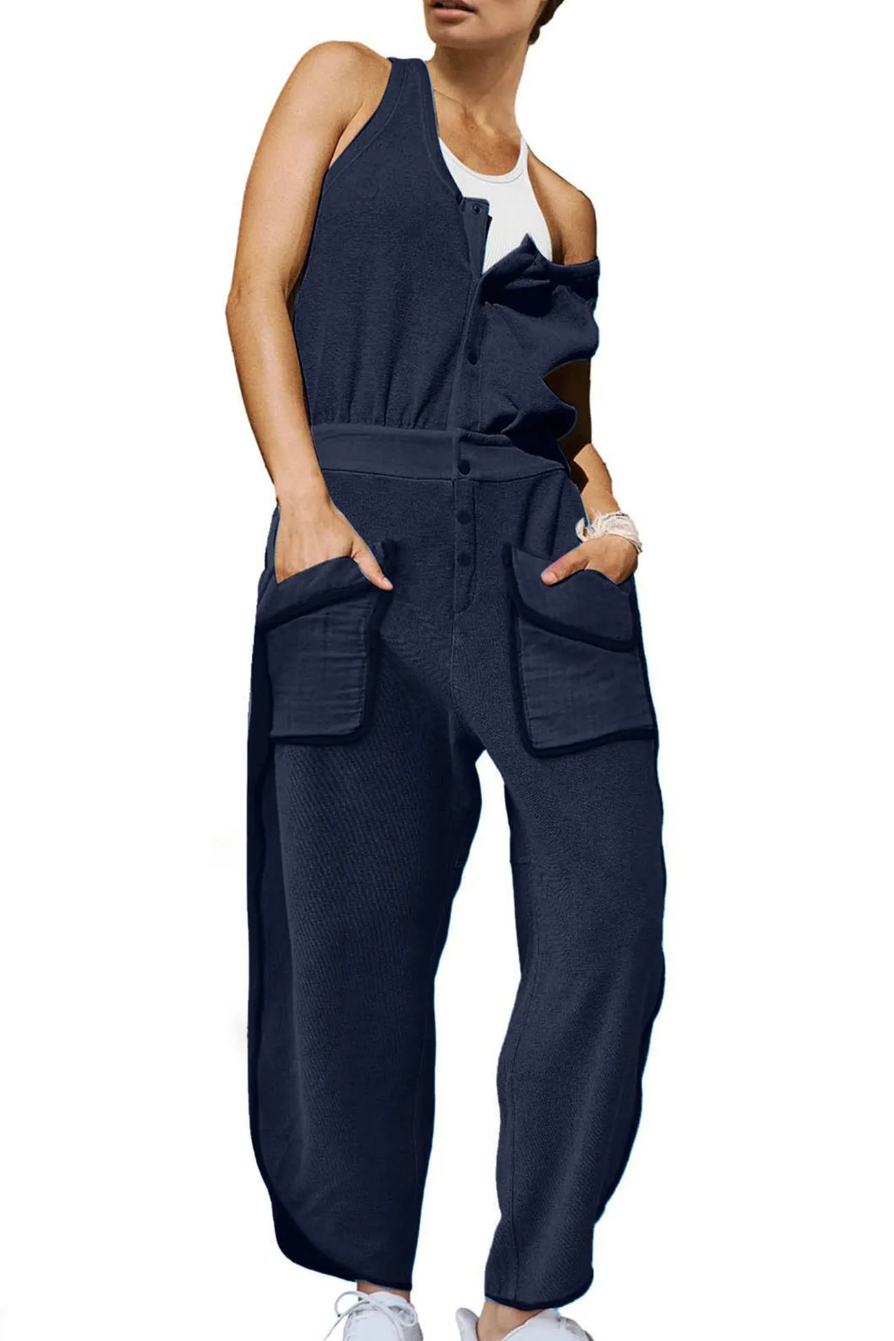 Single-Breasted Jumpsuits with Elastic Waist and Pockets