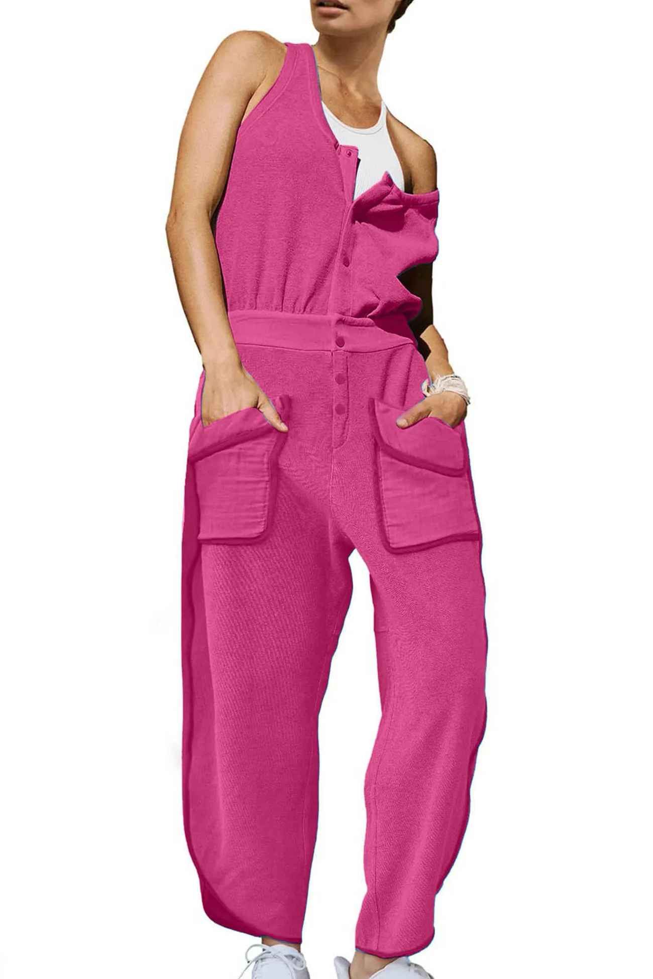 Single-Breasted Jumpsuits with Elastic Waist and Pockets