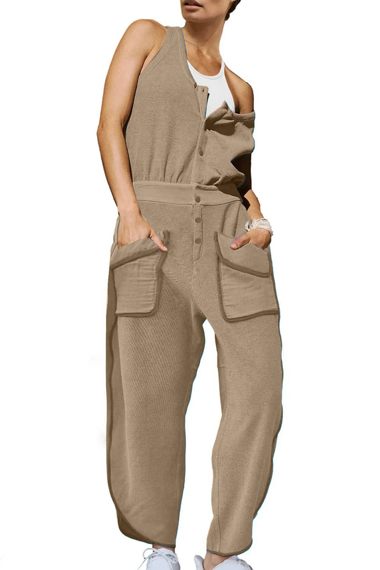 Single-Breasted Jumpsuits with Elastic Waist and Pockets