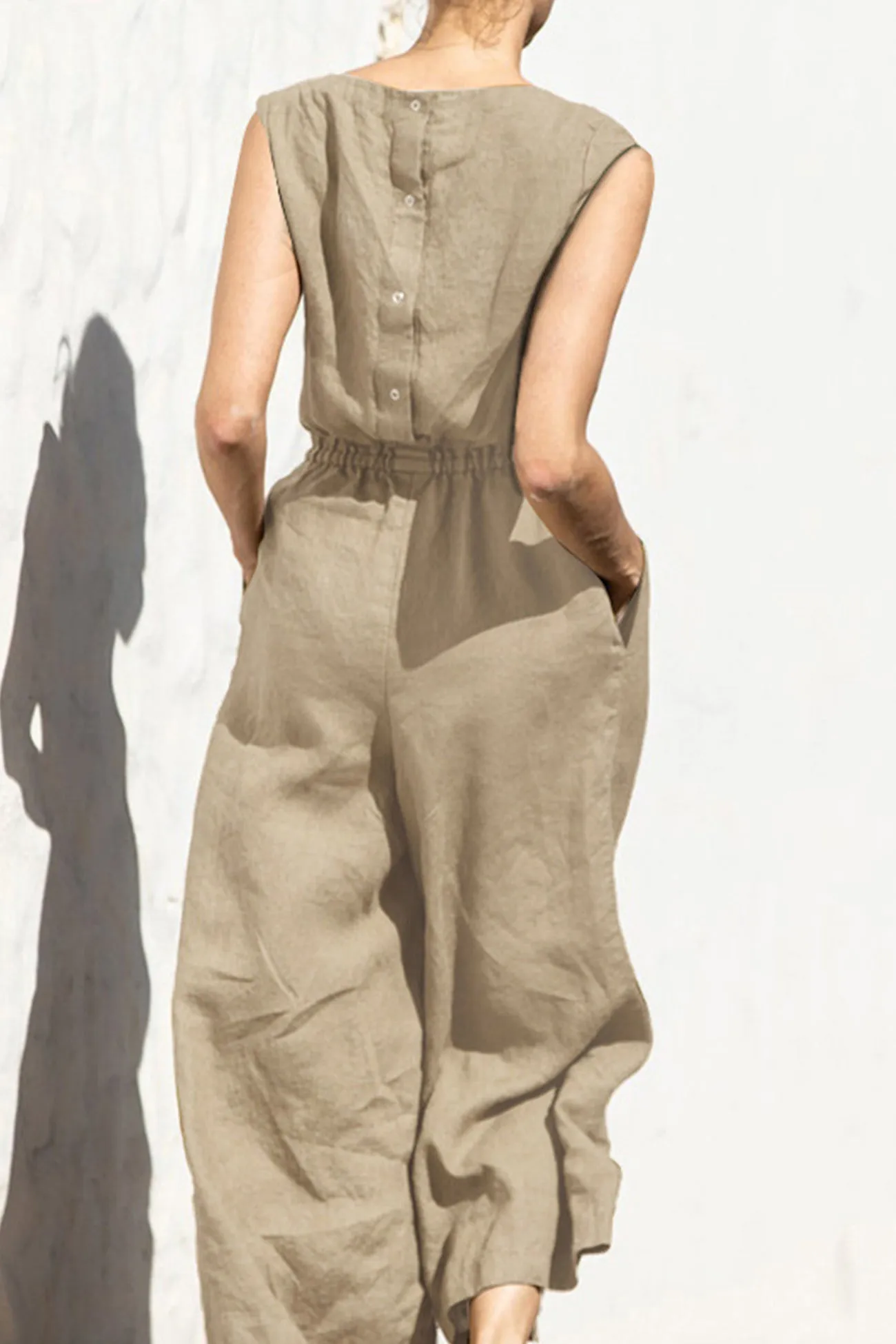 Sleeveless Button-back Cotton Jumpsuits