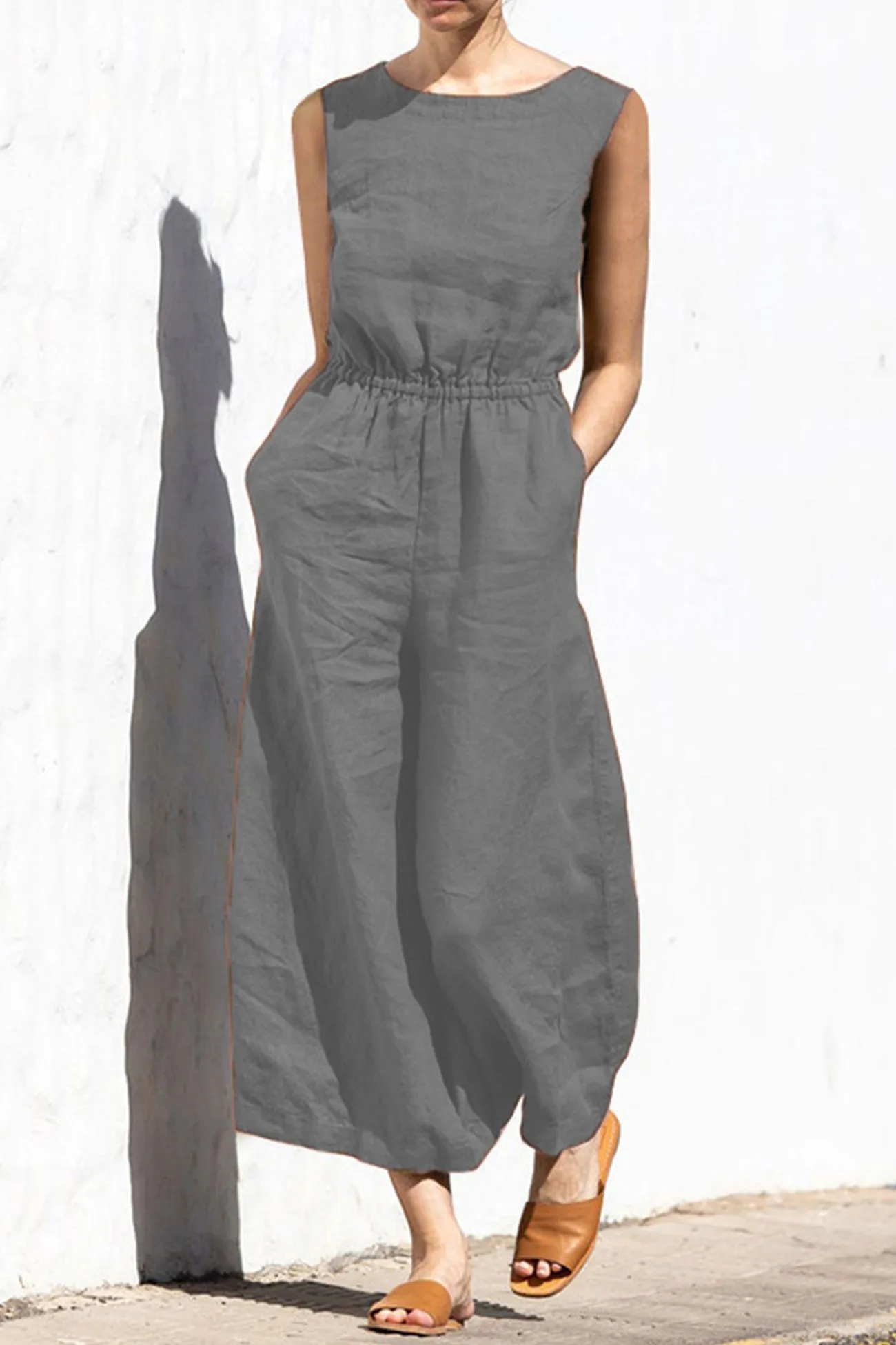 Sleeveless Button-back Cotton Jumpsuits