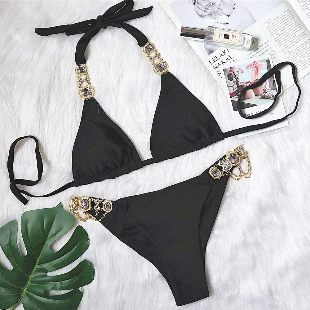 Split Bikini Set with Snake Print and Crystal Details