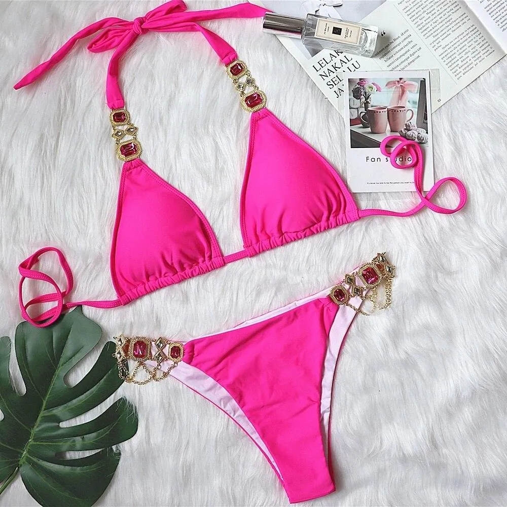 Split Bikini Set with Snake Print and Crystal Details