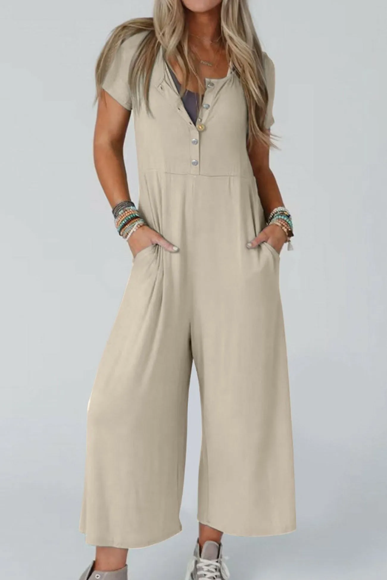 Short Sleeve Pocketed Jumpsuits